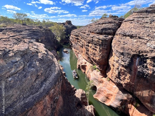 Aerial view of Australian tourists on eco tour crusing in Cobbold Gorge Queensland Australia photo