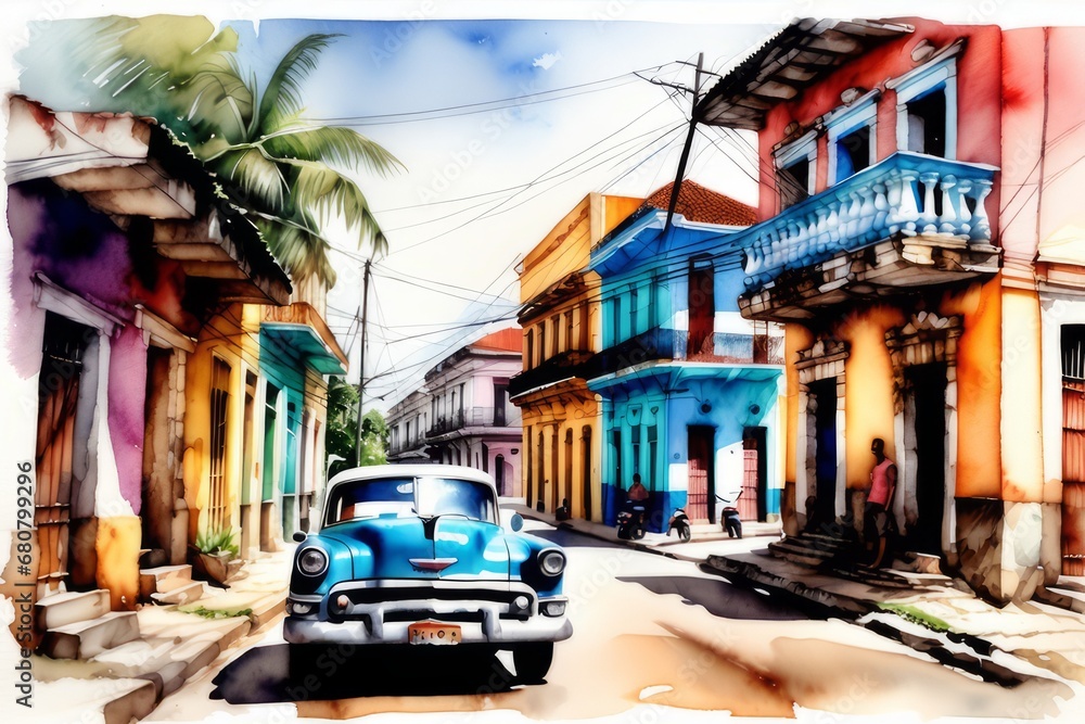 Cuba com seus carros antigos e casa coloridas, (gerado com ia)