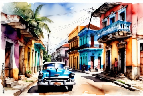 Cuba com seus carros antigos e casa coloridas, (gerado com ia) © MarioSergio