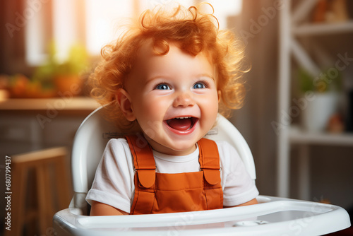portrait of happy redhead infant baby sitting in highchair at the kitchen photo
