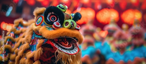 photo of a lion dance during Chinese New Year celebrations, lion dance ready to perform the dance at Little China