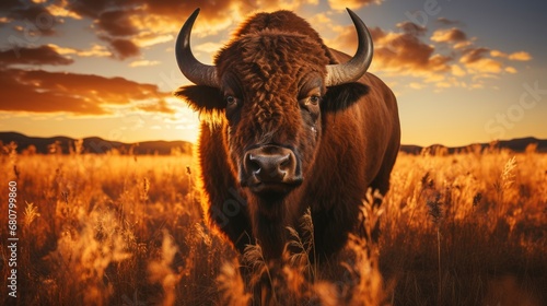 Bison Standing Open Meadow Denver Skyline , Wallpaper Pictures, Background Hd photo