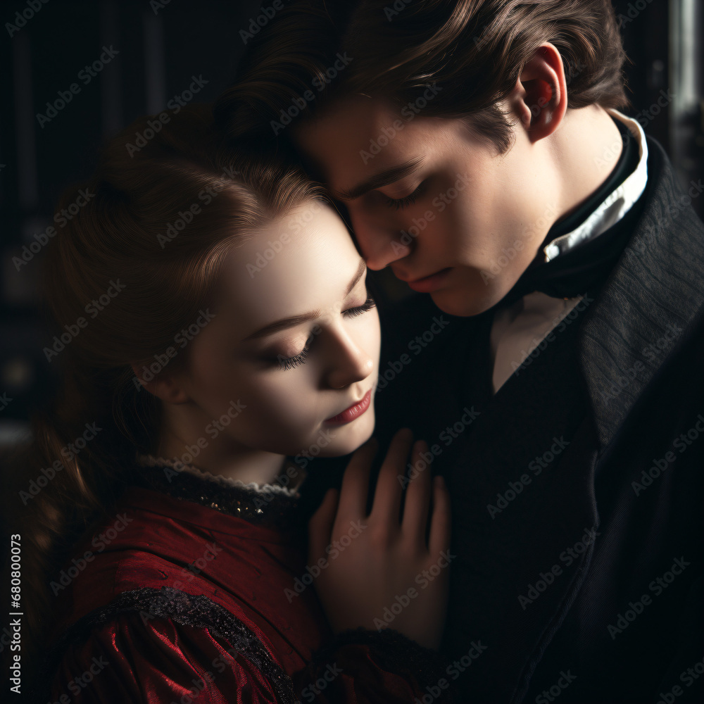 A man and a woman embracing each other wearing victorian clothing A man and a woman embracing each other wearing victorian clothing
