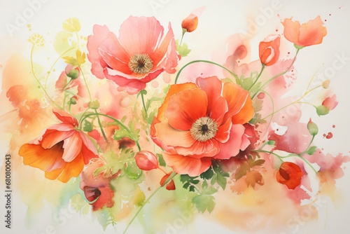 A watercolor painting of red and orange flowers on a white background