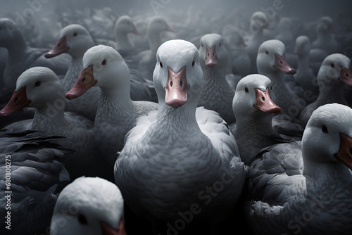 A large group of white ducks standing together