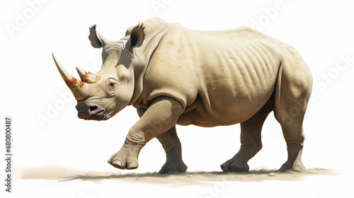 A white rhinoceros walking isolated on a white background