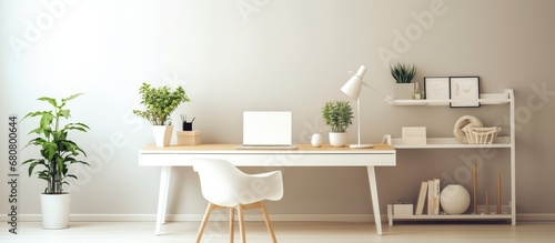 modern minimalist workspace in a clean white room