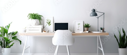 modern minimalist workspace in a clean white room