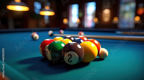 Billiard balls on a billiard table for competition and sport photo