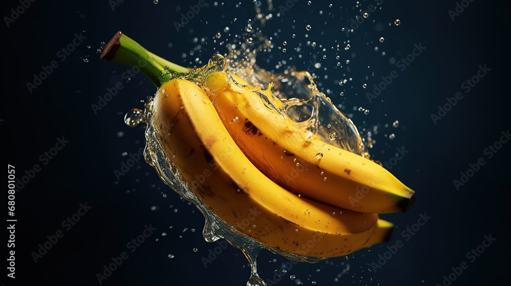 yellow bananas dropped in water with water splashing on black background