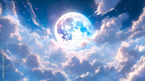 Fototapeta 満月と雲のアニメ風イラスト
