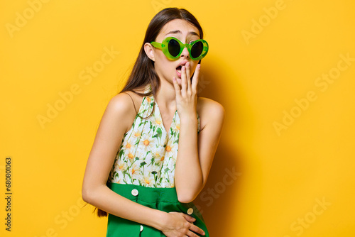fashion woman young beautiful stylish charming emotion happy yellow sunglasses style
