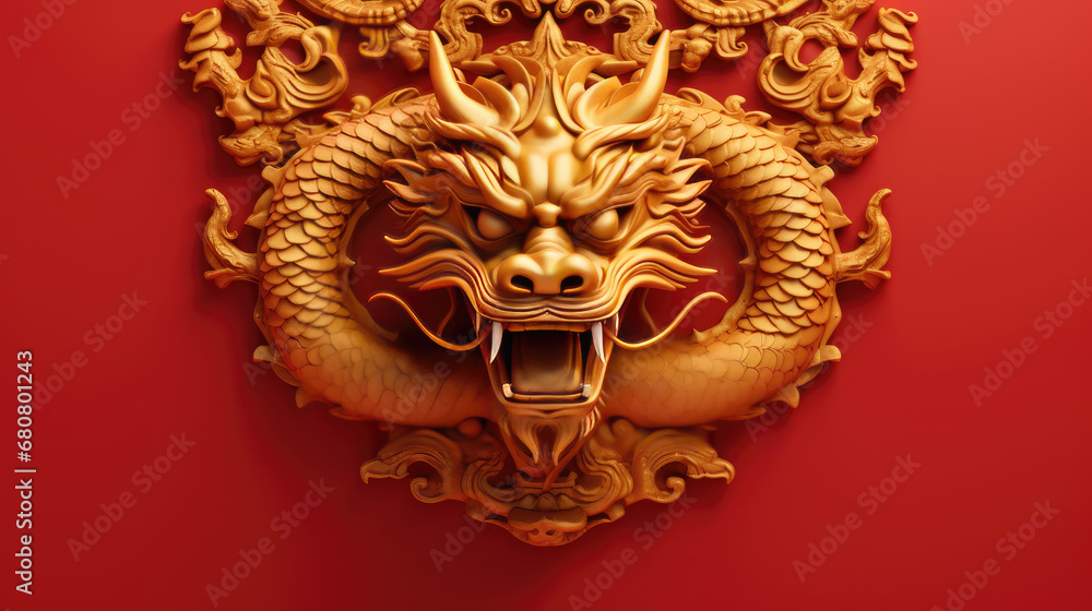 a golden chinese dragon on red background banner with big copy space
