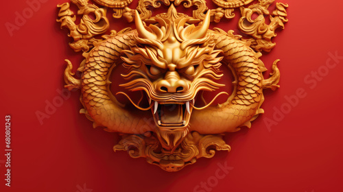 a golden chinese dragon on red background banner with big copy space