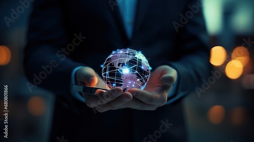 Businessman holding global network connection on social networking, Business strategy and smart intelligence, digital marketing, Technology and global business.