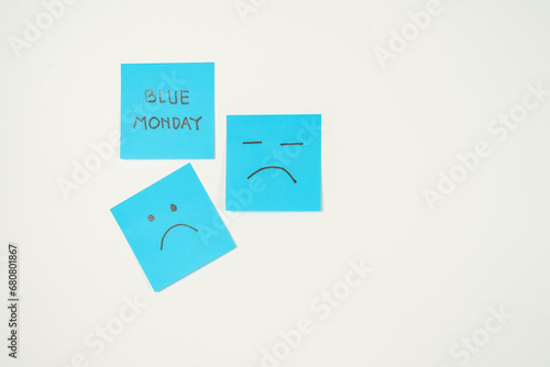Blue Monday concept, sticky stickers notes post it, Copy space