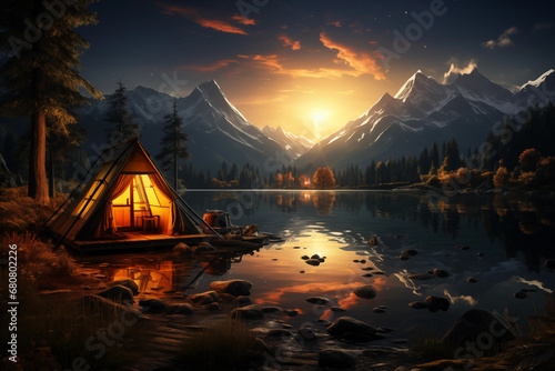 tent on the lake during sunset with mountain background