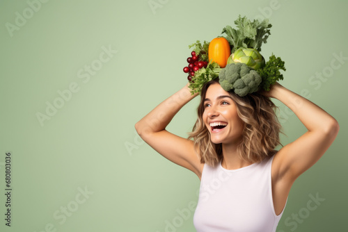 Éclat de Santé: Femme et sa Couronne Nutritive de Légumes Verts