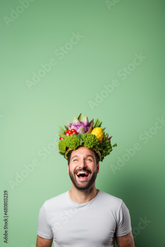 Bonheur Nutritif: Homme Souriant Coiffé de Légumes Frais