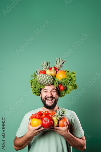 Bonheur Nutritif: Homme Souriant Coiffé de Légumes Frais