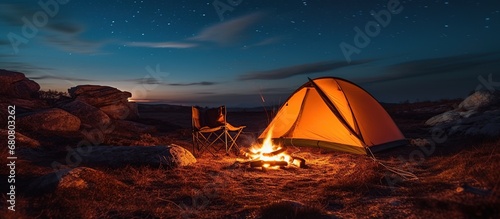 camping tent with campfire, camping at night
