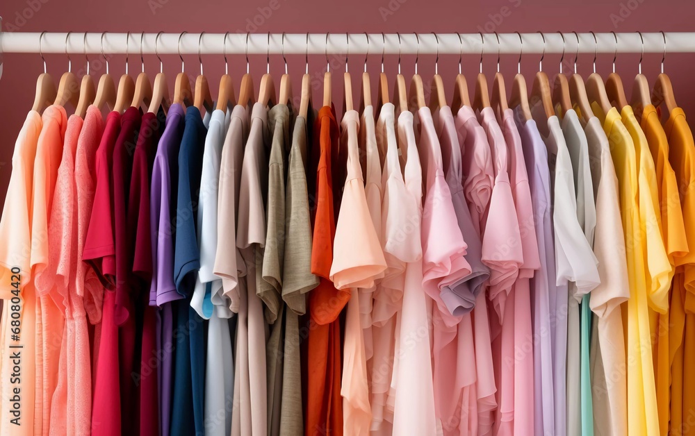 photos of women's clothes on cupboard hangers, and neatly arranged. generative ai photos of women's clothes on cupboard hangers, and neatly arranged. generative ai