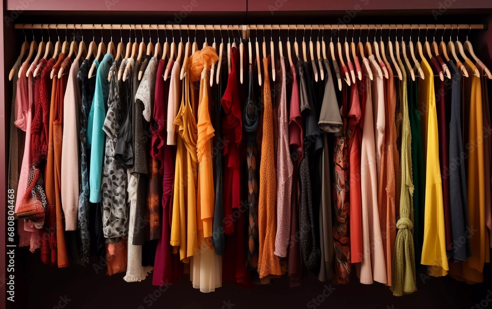 photos of men's clothes on cupboard hangers, and neatly arranged. generative ai