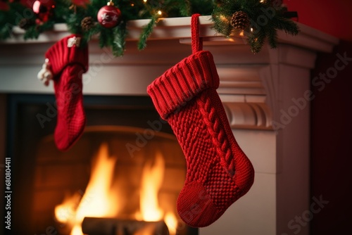 red sock hang on fireplace at living room