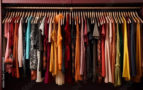 photos of men's clothes on cupboard hangers, and neatly arranged. generative ai