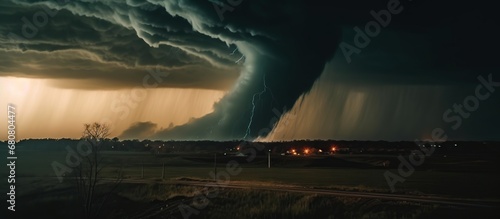 Fotografie, Obraz Tornado forming destruction over a populated landscape