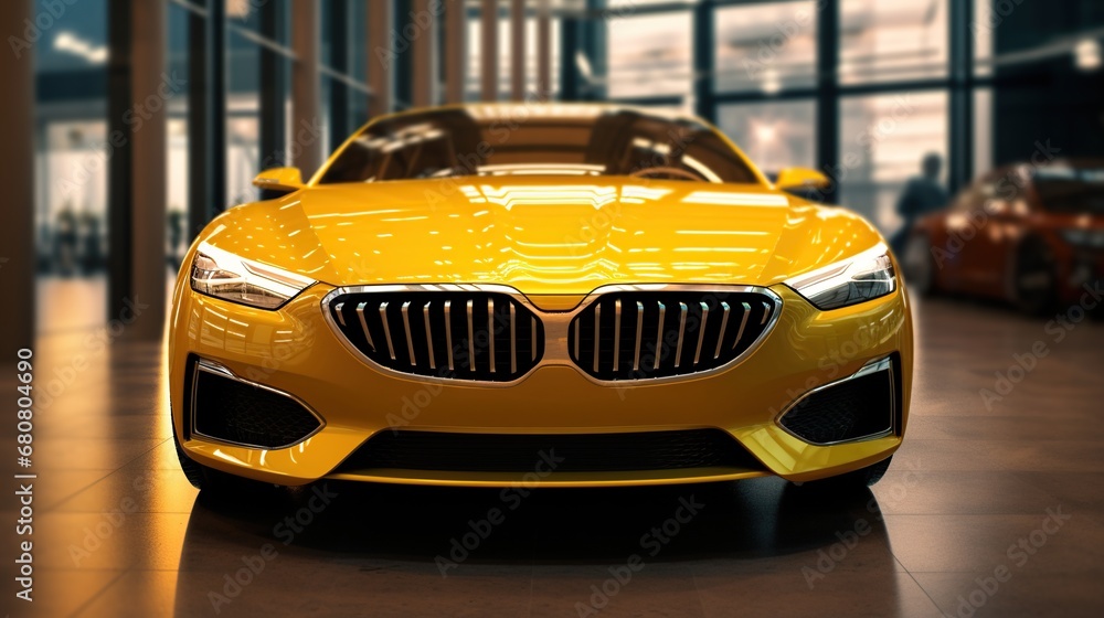 view from the front of yellow new modern luxury car parked outdoors. Headlights and hood of sport yellow car. Car details