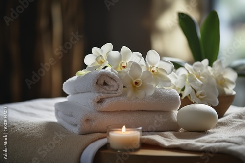 spa composition towels on massage table in wellness 