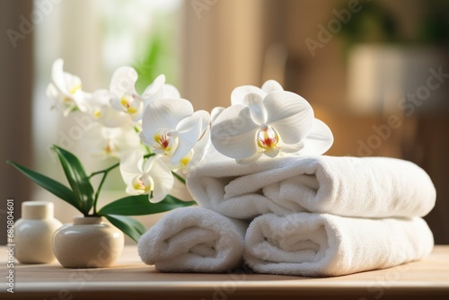 spa composition towels on massage table in wellness 