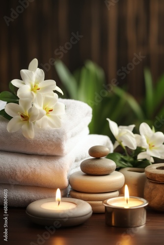 spa composition towels on massage table in wellness 