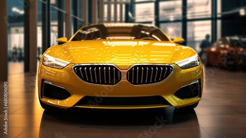 view from the front of yellow new modern luxury car parked outdoors. Headlights and hood of sport yellow car. Car details