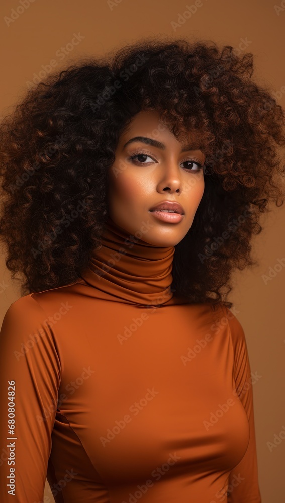 Portrait of a young African American woman with dark, luscious curls, wearing a burnt orange turtleneck, exuding a thoughtful expression against a beige background.