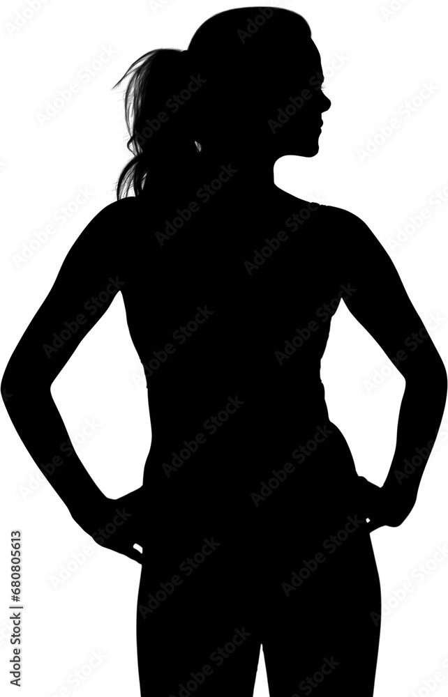 Digital png silhouette image of woman with hands on waist on transparent background Digital png silhouette image of woman with hands on waist on transparent background