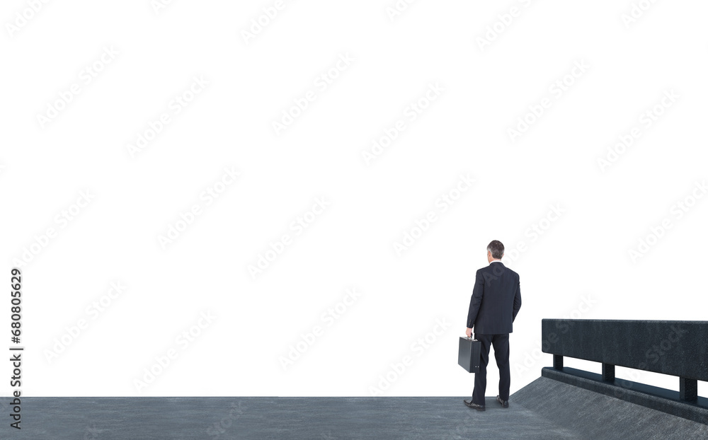 Digital png photo of caucasian businessman on bridge with copy space on transparent background Digital png photo of caucasian businessman on bridge with copy space on transparent background