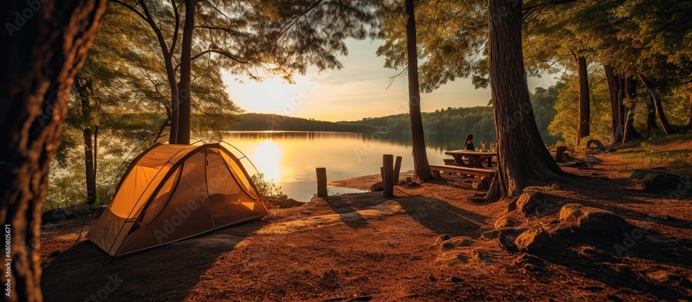 camping with a tent on the lake bank in early morning. morning sunlight touches against forest hill - obrazy, fototapety, plakaty 