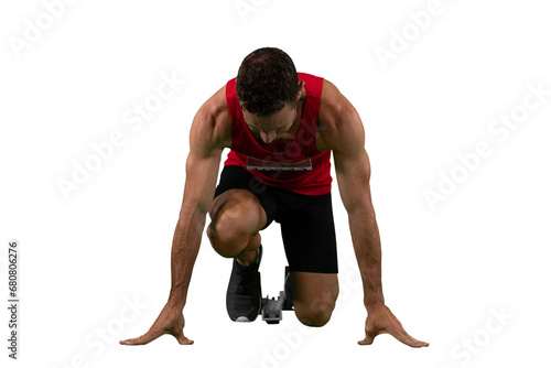 Digital png photo of caucasian male runner crouching on transparent background