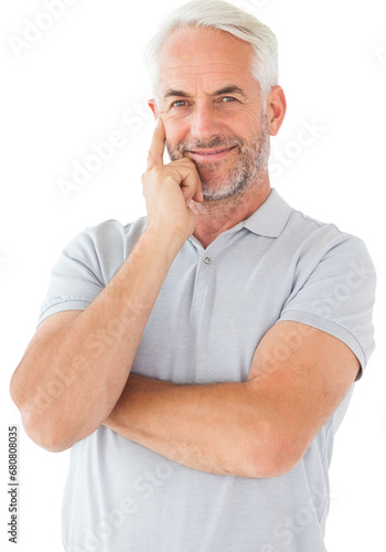 Digital png photo of happy senior caucasian man with hand on face on transparent background