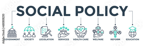 Social policy banner web icon vector illustration concept with icons of government, society, legislation, services, health care, welfare, reform, education photo