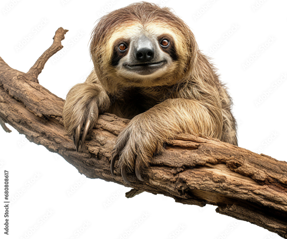 Fototapeta premium Cute Sloth Hanging on Branch, Isolated on Transparent Background