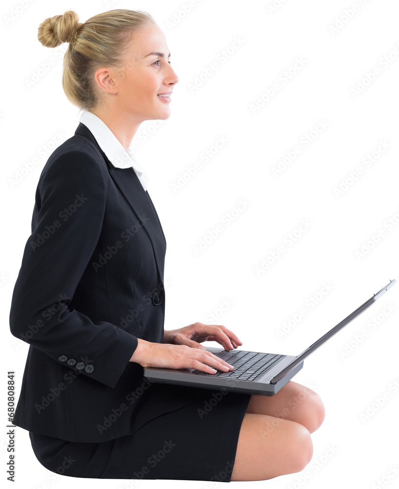 Φωτογραφία Digital png photo of smiling caucasian businesswoman sitting, using laptop on tr