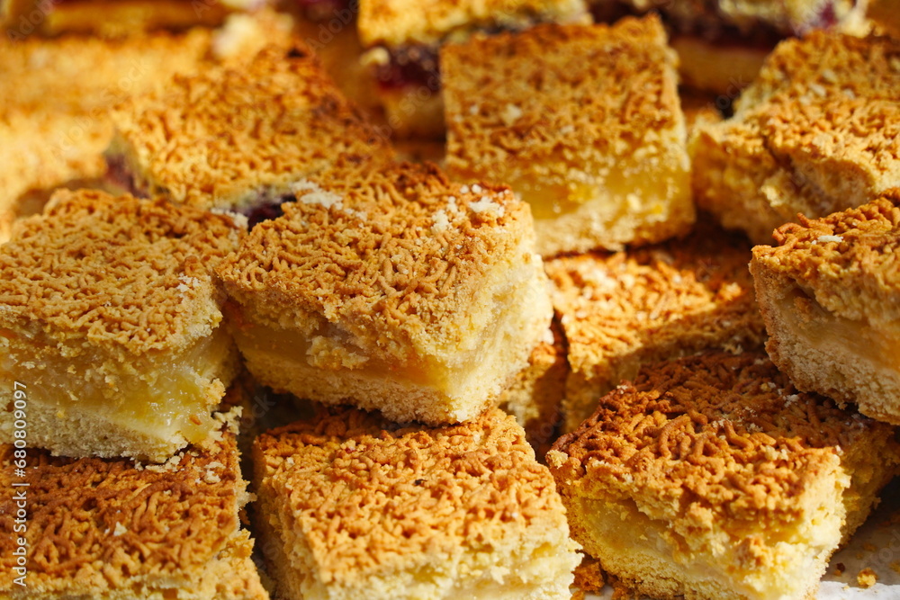 Slices of sweet pie with filling on the table. Slices of sweet pie with filling on the table.