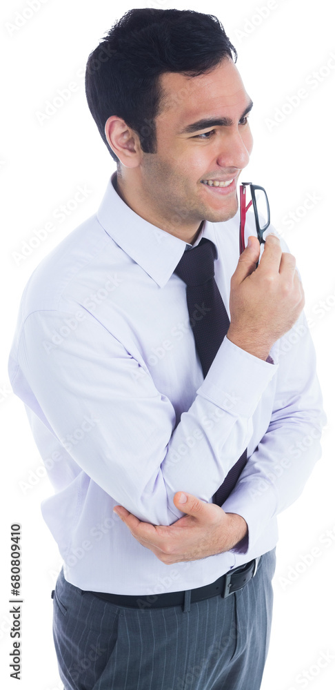 Digital png photo of smiling asian businessman holding hand and glasses on transparent background Digital png photo of smiling asian businessman holding hand and glasses on transparent background
