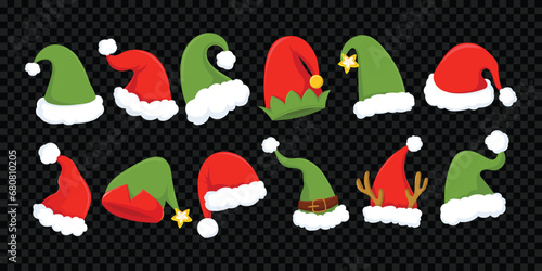 Realistic christmas santa claus hats isolated vector set