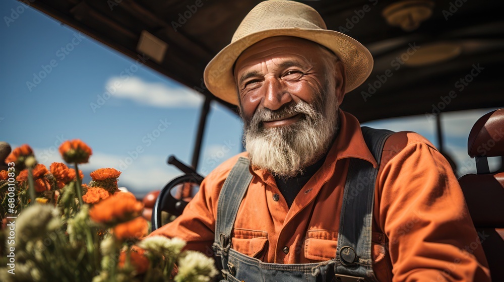 Fototapeta premium The sun-kissed, satisfied face of a farmer while doing regular work on the farm