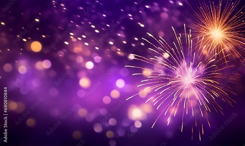 Fototapeta premium vibrant spectacle of gold and dark violet fireworks and bokeh