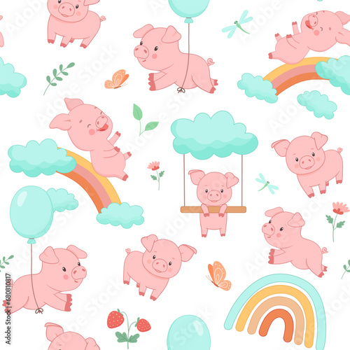Seamless pattern with cute piggy on rainbow and flying with balloon. Funny farm animal little piglet for textiles or fabric for newborns and nursery.